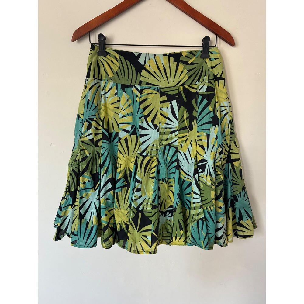 Apt. 9 Tropical Palm Leaf Print Pleated Cotton Skirt Green Teal Black Size 10